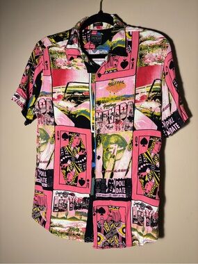 Guess Men’s Pink Graphic Button-Down Shirt with Black & Yellow Accents